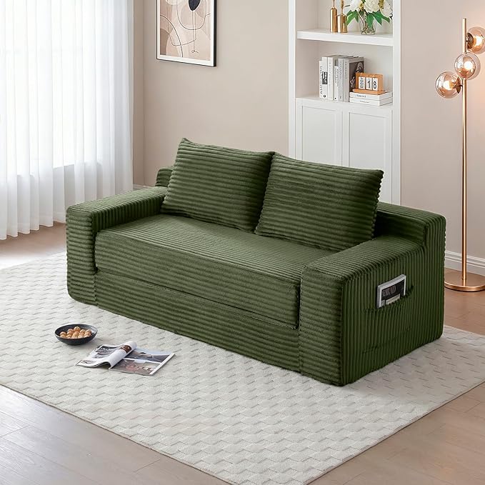 Convertible Sofa Bed, 2 in 1 Memory Foam Futon Couch, No Assembly Corduroy Foldable Sofa Bed, Comfy Floor Couch with 2 Pillows for Bedroom, Living Room, Apartment, Green