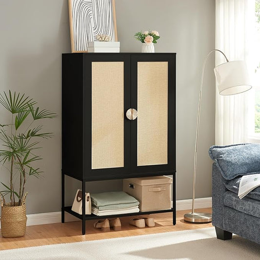 Bedroom Armoire,Wooden Rattan Armoires Metal Frame with Large Storage Space & Elegant Handle 2 Doors for Bedroom(Black)