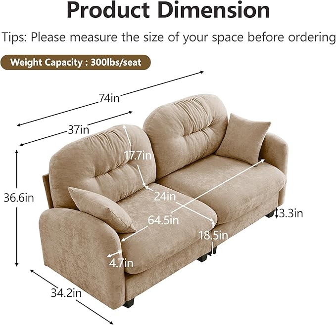 KEIKI 74" Oversized Chenille Modular Sectional Loveseat Sofa with High-Density Foam Cushions and Tufted Pleated Cushion Backrest, Upholstered 2-Seater Cloud Couch with 2 Pillow, for Living Room, Camel
