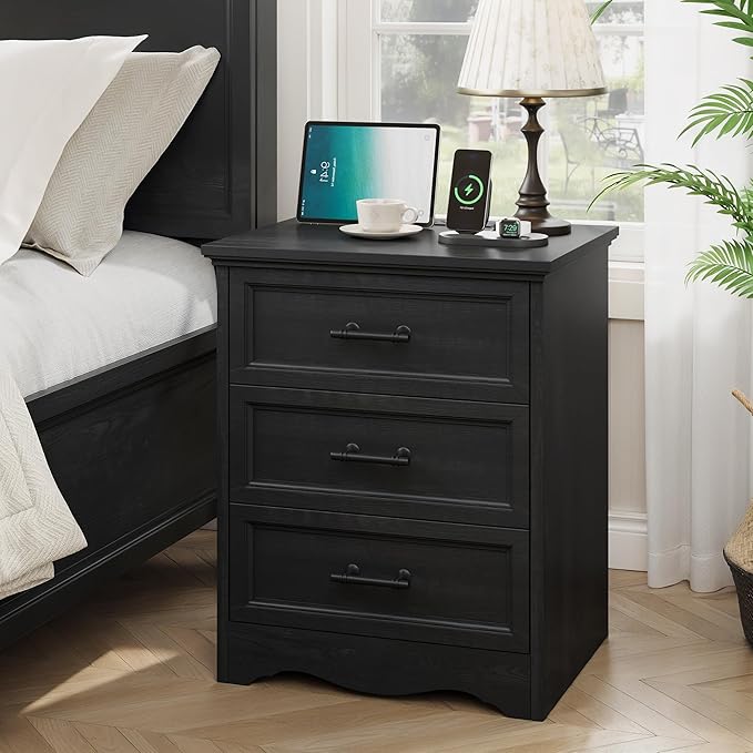 Bedroom Set, 3 Pieces Bedroom Furniture Set, 6 Drawer Dresser and 3 Drawers Nightstand with Charging Station, Farmhouse Storage Organizer Cabinet for Bedroom, Black