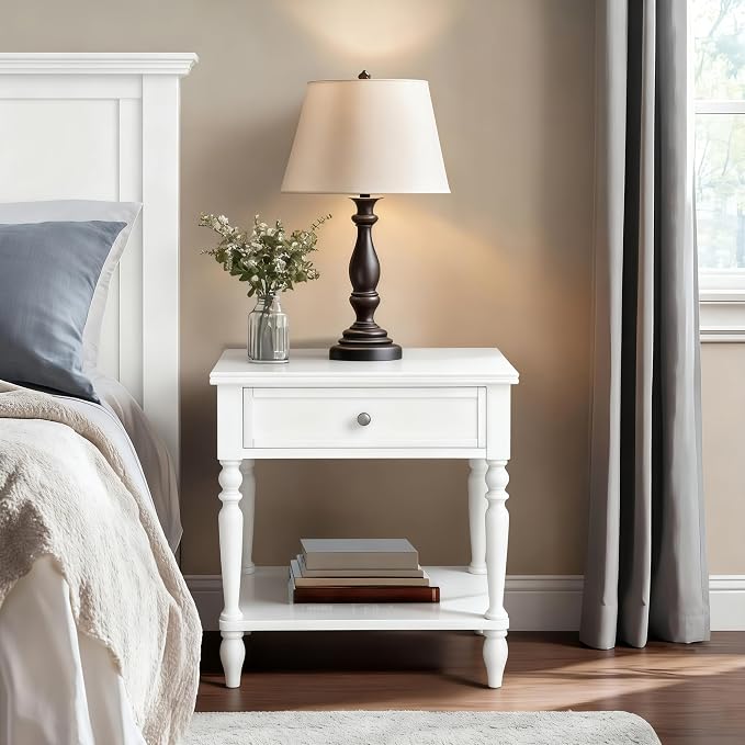 Solid Wood Nightstand with Charging Station, Traditional End Table with Drawers and Open Shelf, Bedside Table with Storage, Modern Side Table for Bedroom, White by Owipaw
