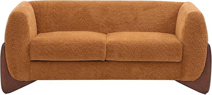 Merax 63 Inch Modern Boucle Upholstered 2-Seater Sofa, Chenille Fabric Loveseat with Solid Wood Legs, Low Profile Small Couch for Living Room, Caramel