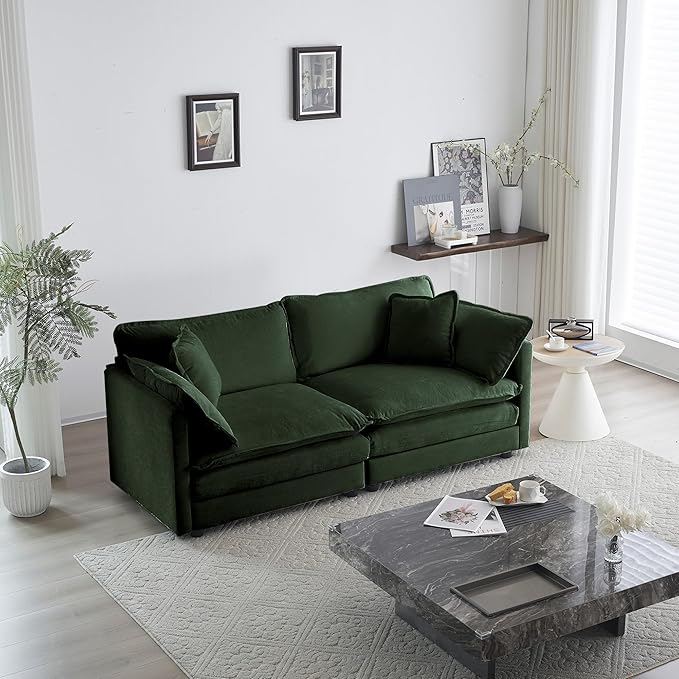 KEIKI Loveseat Sofa, Upholstered 2 Seater Couch, Oversized Sectional Sofa with 4 Pillows for Living Room Bedroom Office, Green