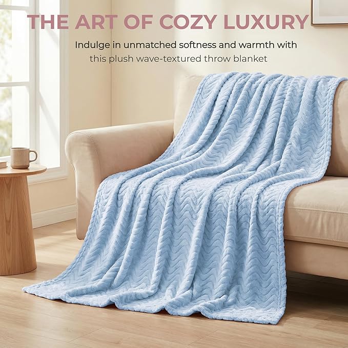 Exclusivo Mezcla Fleece Throw Blanket for Couch, Cozy Lightweight Blankets for All Season, Decorative Giftable Fuzzy Plush Wave Textured Throws for Women, Men, Light Blue, 50x70 Inches