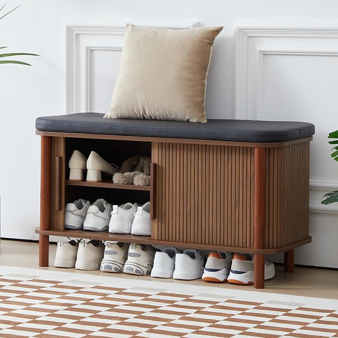 Shoe Bench, Entryway Shoe Cabinet with Leather Cushion and Sliding Door, Modern Shoe Storage Organizer for Living Room, Hallway (Walnut) - Image 6