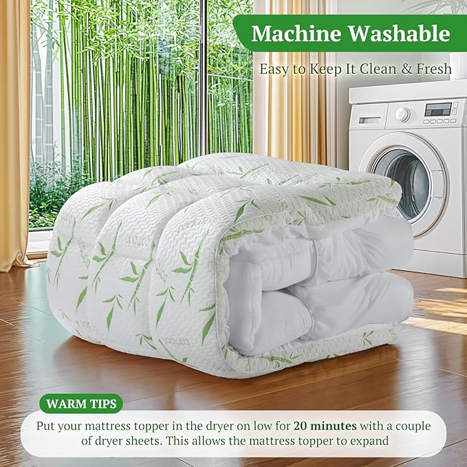 Mattress Pad Queen Size - 600 GSM 3D+7D Down Alternative Fill, Viscose Made from Bamboo Cover, Extra Firm for Back Pain, 6"-18" Deep Pocket (60"x80")