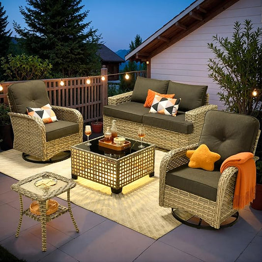 ovios 6 Piece Patio Sectional Furniture with Swivel Rocking Chairs, Rattan Wicker Coversation Set with Glowing Coffee Table, Outdoor Sofa Set for Outside Porch Balcony Backyard Pool, Black