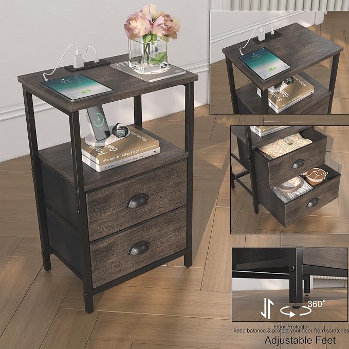 sthmec Nightstand with Charging Station, LED Night Stand Set of 2, Bedside Table End Table with Drawer, Bedroom Tables with 2 Fabric Drawers, 3-Tier Storage Side Table for Bedroom, Black Oak - Image 7