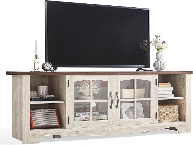 LINSY HOME TV Stand for 75 Inch TV, Modern Farmhouse Entertainment Center with Storage Cabinets and Glass Doors, Tall Media Console Table for Living Room, Bedroom, Large Long Television Stand, Beige by LINSYHOME
