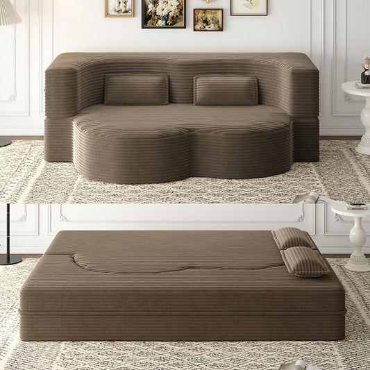 KEIKI Floor Sofa Bed with 2 Pillows, Convertible Plush Corduroy Couch, 15" Foam Folding Mattress Sleeper Floor Couch for Adults, Compression Sofa Lounge Bed, Coffee