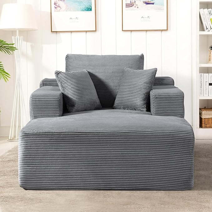 Monroe Convertible Chaise Lounge Chair Indoor – Oversized Corduroy Couch with Wide Armrest & Throw Pillows, Cozy Boneless Sleeper Sofa Bed Armchair, Dark Grey