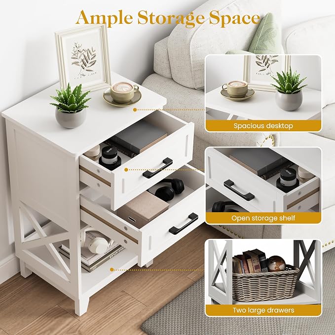 RoyalCraft 30" Tall Nightstand, Modern Painted Bedside Table with 2 Drawers and Open Shelf, Wood Side Table for Bedroom, Home Office, White-Open Shelf Below, Set of 2 - Image 8