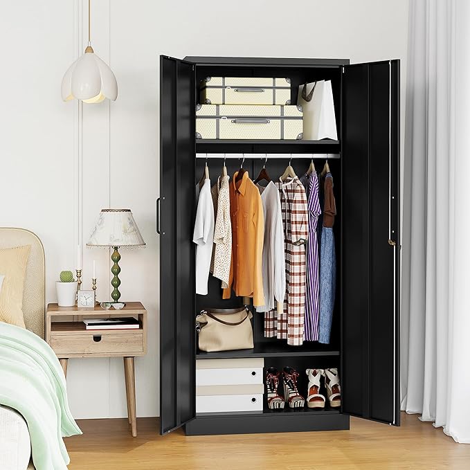 Metal Wardrobe Closet Cabinet,Armoire Wardrobe Closets Storage Cabinets with Doors and Shelves for Laundry Room,Bedroom,Home Office,Bathroom(Black)