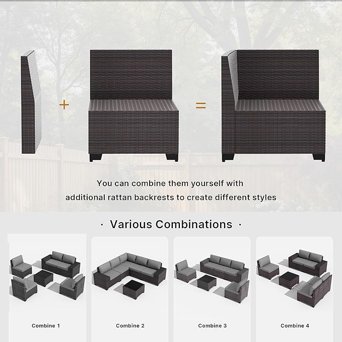 Gotland 6 Pieces Patio Furniture Set with 1 Coffee Table, 5 Seater Rattan Outdoor Sectional with Wide Armrests 29.5'' High Backrest Thick Waterproof Cushions, Conversation Sets for Deck Garden Gray