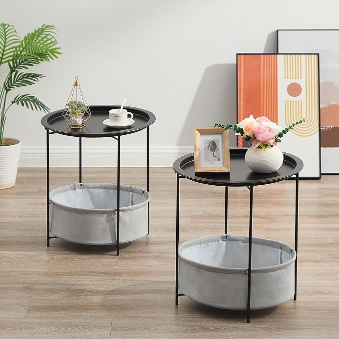VECELO Round Side/End Table with Fabric Storage Basket，Metal Anti-Rust and Waterproof Small Bedside Nightstand with Removable Tray Top for Living Room，Balcony & Laundry，Black /2pcs with Basket - Image 7