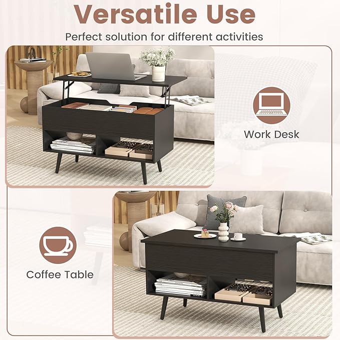 Tangkula Lift Top Coffee Table, Modern Cocktail Table with Hidden Compartment & 2 Open Shelves, Flip Top Center Table, Wooden Pull up Coffee Table for Living Room, Reception Room, Office (Black)