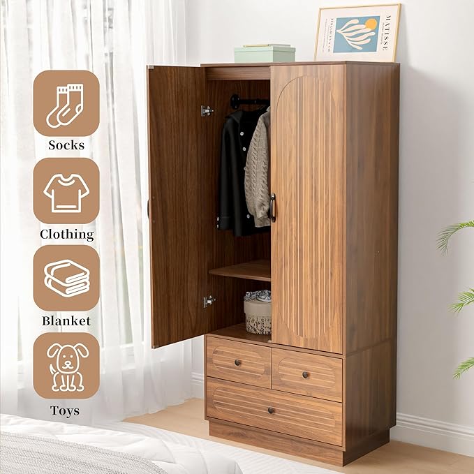 Jluomei Armoire Wardrobe Closet with Doors, Wardrobe Cabinet with 3 Drawers, Wooden Large Clothing Storage Cabinet with Hanging Rod and Shelf, Mid-Century Modern Tall Closet for Bedroom, Walnut | with Doors, Wardrobe Cabinet, with 3 Drawers, with Hangi...