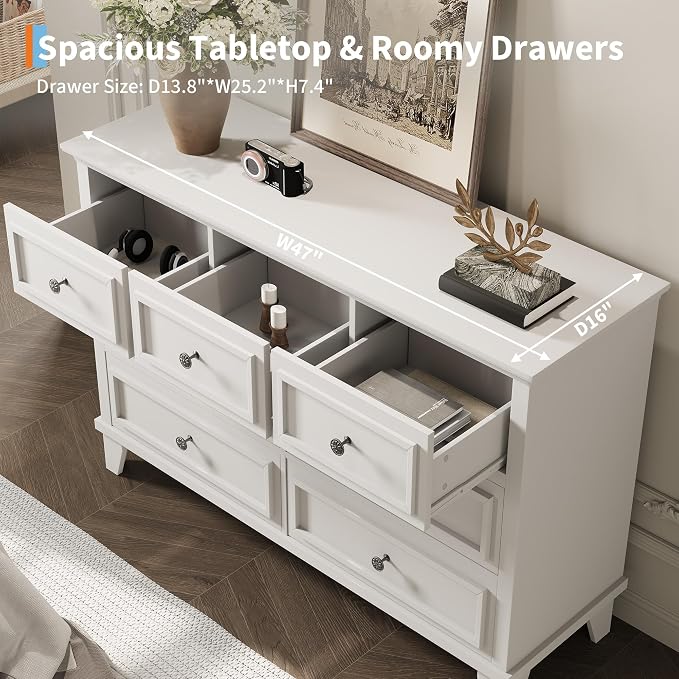 GAOMON White Dresser, 7 Drawer Dresser for Bedroom, Chest of Drawers with Deep Drawers, Closet Dressers with Metal Handle, Thickened Desktop, Wood Rustic Drawers for Hallway, Entryway, Closet - Image 5