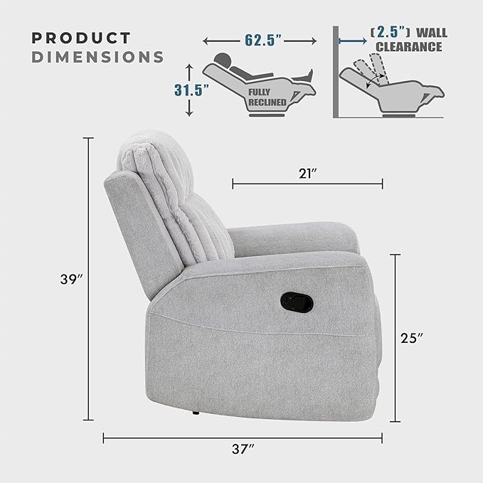 Lexicon Modern Recliner Chair for Living Room, Manual Wall Hugger Textured Microfiber Reclining Chair, Plush Corduroy Channel Seat Back, Manual Recliner, Light Gray