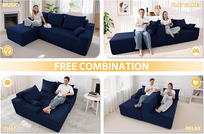 Homguava 94'' Cloud Sectional Couch, Modular L-Shape Couch with Chaise, Boneless Sofa with Deep Seat for Living Room Bedroom,No Assembly Required(Blue,Left Facing Chaise)