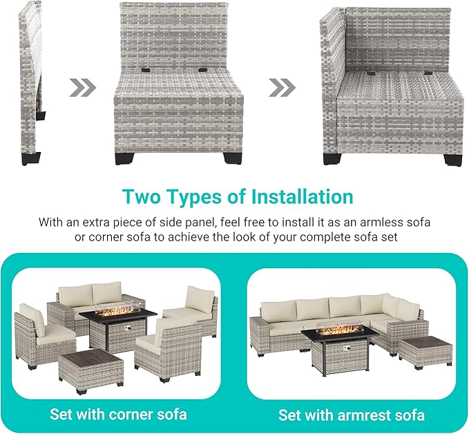 7-Piece Outdoor Patio Furniture Set with 55,000 BTU Fire Pit Table, PE Wicker Rattan Sectional Sofa Patio Conversation Set with Thickened Cushions & Coffee Table, Ivory