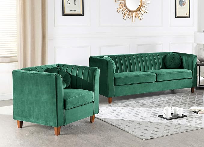 Arvilla Velvet Chair with Bolster Pillows, Soft Upholstery, Mid Century Modern Design, Chesterfield-Inspired Accent Armchair for Living Rooms, Lush Green