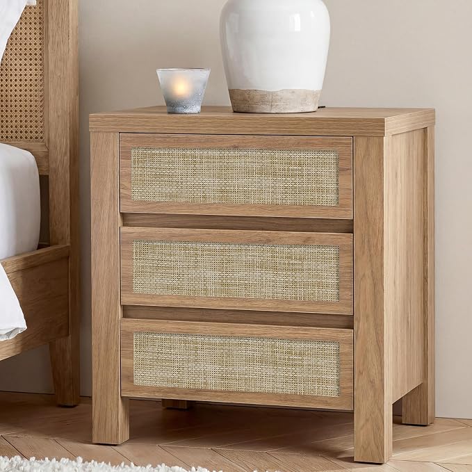 Yechen Night Stand Set of 2, Rattan Nightstands with Type-C Charging Station, 3 Rattan Drawers- Boho End Table Bedside Tables for Bedroom, Natural Walnut - Image 6