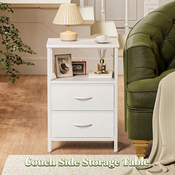 Huuger Night Stand Set of 2, Nightstand with 2 Drawers, Bed Side Table with Open Shelf, Wooden Top, End Table, PU Leather Fabric Drawer Surface, for Bedroom, White - Image 2