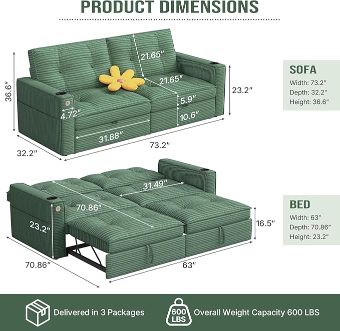 Rovibek 73.2" Convertible Sofa Bed, Pull Out Couch with USB Charging Port & Cup Holders, Adjustable Backrest, Side Pockets, Modern Corduroy Sleeper Sofa for Living Room, Bedroom, Apartment, Green