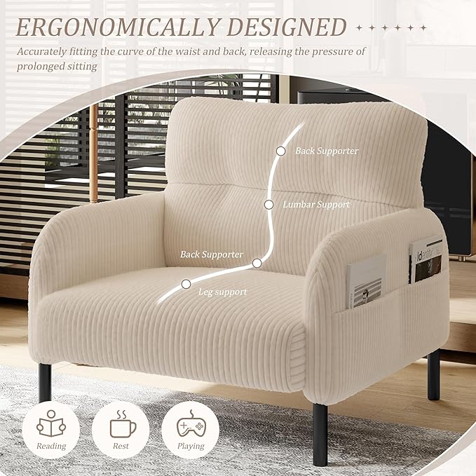 KEIKI 26" Corduroy Single Sofa Chair with Double Side Pockets & High Resilience Cushion, Modern Ergonomic Design Upholstery Oversized 1-Seater Accent Chair, Easy Assembly, for Living Room, Beige