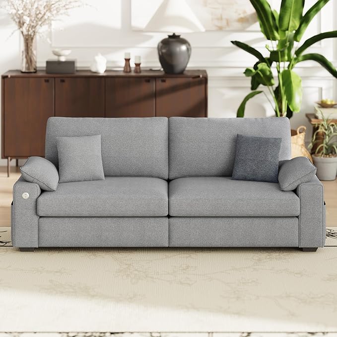 89" Loveseat Couch, 3 Seater Upholstered Midcentury Mondern Love Seat with USB Type C Ports, 4 Pillows and Storage Armrest Cloud Foam Sofa for Living Room/Small Spaces, Grey | Breathable material