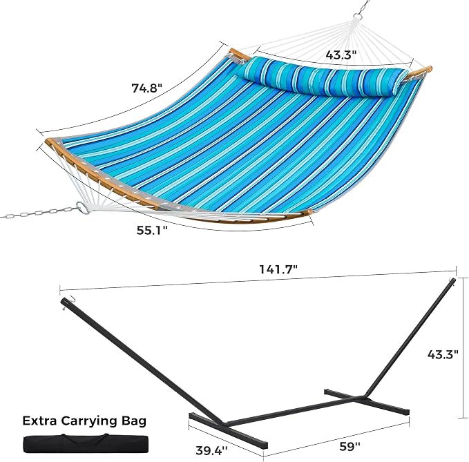 SUPERJARE Hammock with Stand, 2 Person Heavy Duty Hammock with Padded Cotton, Detachable Pillow & Strong Curved-Bar & Portable Carrying Bag, Perfect for Outdoor & Indoor, Aqua Blue - Image 8