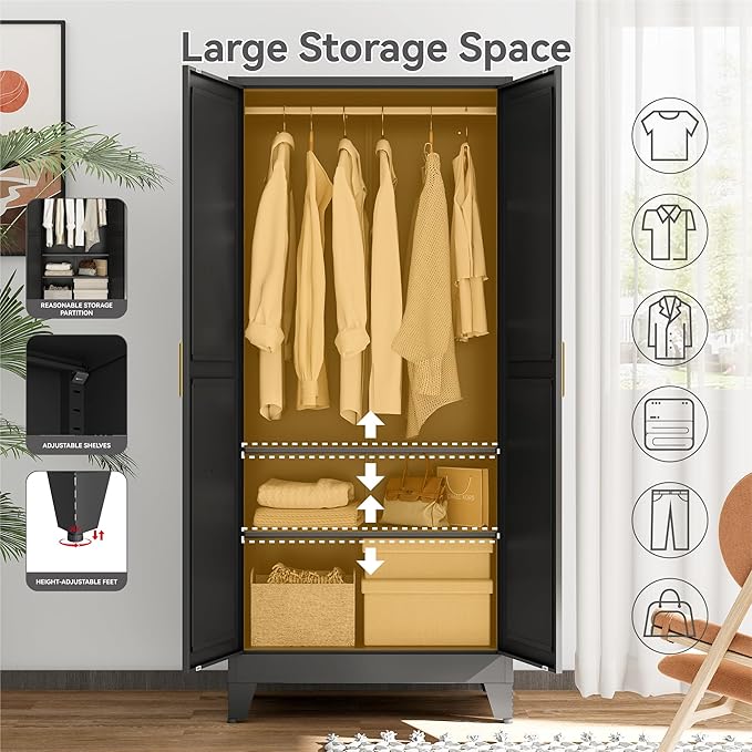 Metal Wardrobe Closet with Doors and Shelves, 71" Farmhouse Bedroom Armoire with Hanger Rod and Clothing Shelf, White Steel Wardrobe Cabinet Storage Clothes Closet