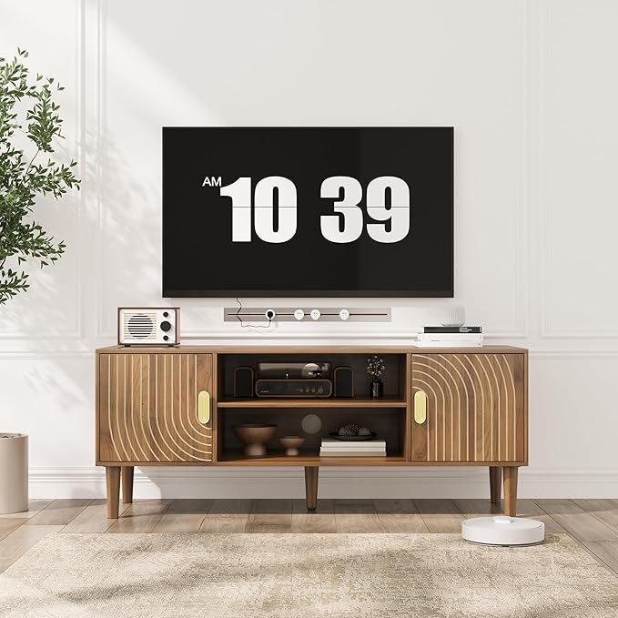Smuxee Walnut TV Stand with Line Groove Design, 47.2" Mid Century Modern TV Media Console for TVs up to 55", TV Cabinet with Adjustable Shelf & 2 Cabinets for Living Room - Image 2