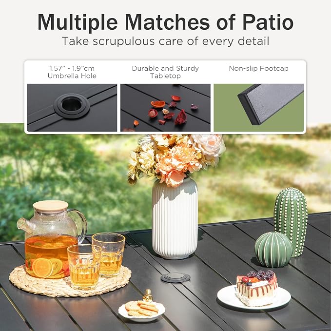PHI VILLA 6-Person Outdoor Metal Steel Slat Dining Rectangle Table with Adjustable Umbrella Hole, Weather-Resistant for Patio Outdoor Use, Black - Image 6