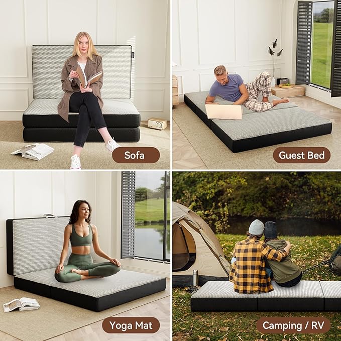 ROXGOX Memory Foam Trifold Mattress - King Portable Floor Bed 6 Inch, Foldable Mat with Washable Cover, Handle & Non-Slip Bottom, for RV, Travel, Camping, Yoga, 80"x76"x6"