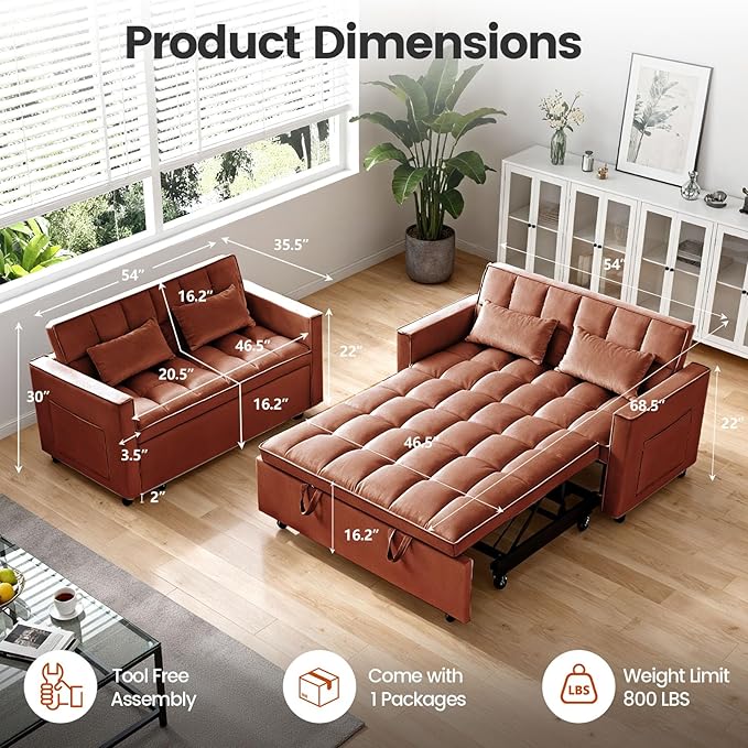 3 in 1 Convertible Sofa Bed, Velvet Fabric Loveseat Sleeper Couch, Modern Pull Out Couch with Side Pockets, Sleeper Sofa Bed with Adjustable Backrest for Living Room, Camel