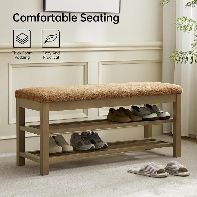 VKNOW Entryway Bench, 44.3” Upholstered Shoe Storage Bench for Bedroom, 2-Tier Storage End of Bed Bench with Rubberwood Legs for Living Room, Hallway, Orange - Image 3