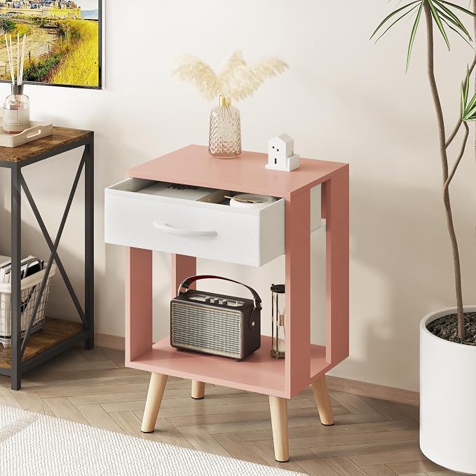 GYIIYUO Nightstands Set of 2 with Fabric Storage Drawer and Open Wood Shelf, Side Table with Storage for Bedroom, Bedside Tables - Pink - Image 5