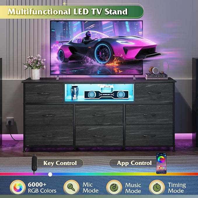 WLIVE Black Dresser TV Stand for 50, 55, 65 inch TV, Entertainment Center with LED Lights & Charging Station, Chest of Drawers with 8 Fabric Drawers and Open Shelves for Living Room, Bedroom, Wood Top - Image 3