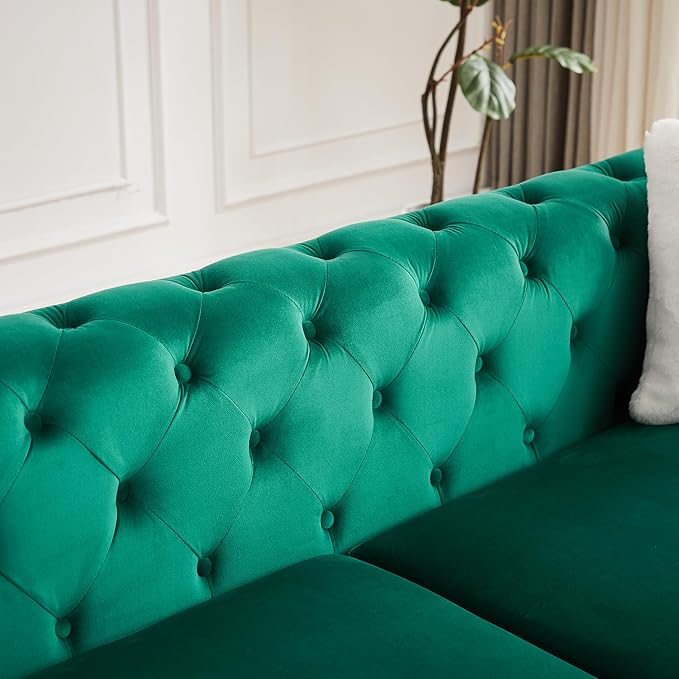 KEIKI 61" Luxury Oversized Velvet Chesterfield Sofa with 2 Pillows, Mid-Century Style 2-Seater Tufted Buttons Couch with High-Density Foam Cushions, Easy Assembly, for Apartment, Living Room, Green