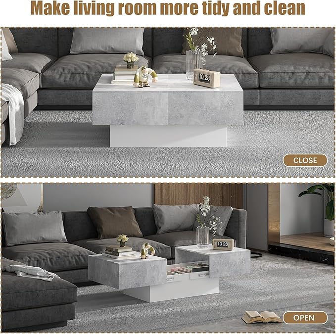 Modern Coffee Table with Storage for Living Room, Living Room Table Rectangular Center Tables, Sliding Top with Hidden Storage, Wooden Cocktail Table for Dining Reception Room, Grey