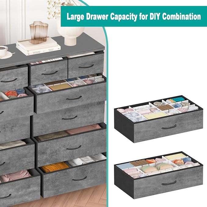 VASICAR Gray Dresser for Bedroom with 12 Deep Drawers, Wide Chest of Drawers, Wood Top TV Stand, Tall Fabric Storage Cabinet for Closet, Nursery, Kid's Room - Image 4