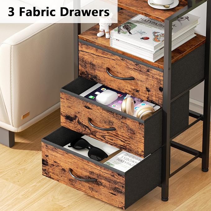 Furnulem Night Stand Set 2, LED nightstand Set of 2 with Charging Station, Bedside Table with Storage Shelf and 3 Fabric Drawers, Bed Side Table for Bedroom, Home Office, Dorm - Image 5