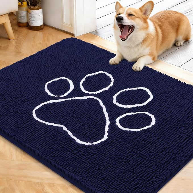 OLANLY Dog Door Mat for Muddy Paws 40x32, Paw Print Design, Absorbs Moisture and Dirt, Absorbent Non-Slip Washable Doormat, Quick Dry Chenille Mud Mat for Dogs, Entry Indoor Entryway Carpet, Navy Blue by OLANLY