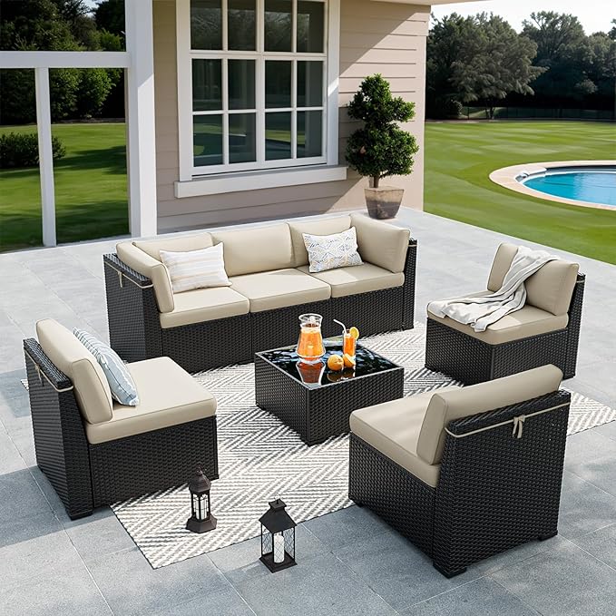 Patio Furniture Set, 7 Pieces Outdoor Sectional Sofa Set with Waterproof Cover, Black PE Wicker Rattan Slanted Back Outdoor Conversation Set with Cushions and Glass Coffee Table, Khaki