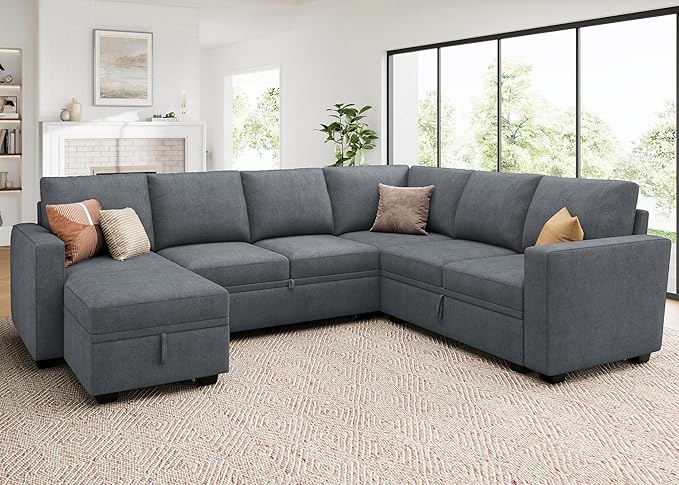 HONBAY Modular Sectional Couch with Pull Out Bed, Chenille Sleeper Sofa with Storage Seats Ottoman, U Shaped Sectional Couches for Living Room, Bluish Grey