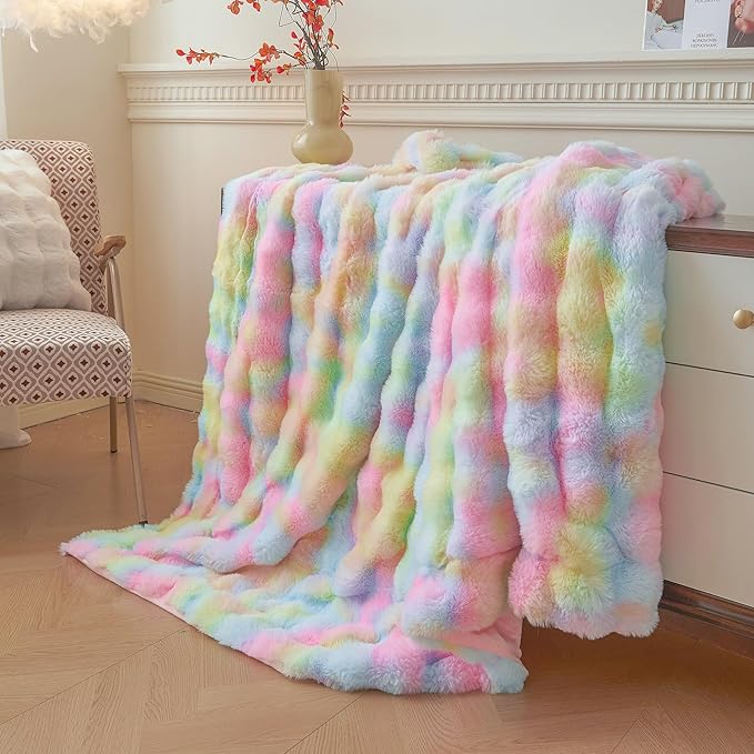LIFEREVO Fluffy Faux Rabbit Fur Bubble Blanket, Tie Dye Plush Shaggy Throw Couch Sofa, Cozy Comfy Furry Big Bed Blanket Adults Kids Girls, Aesthetic Fuzzy Throw for Bedroom Living Room, 60x90, Rainbow