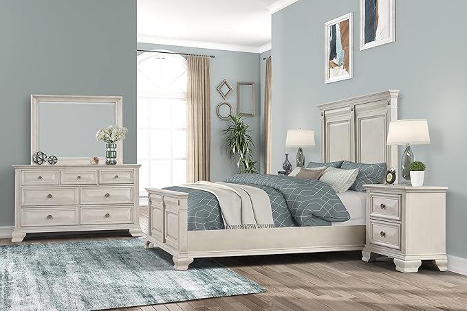 Roundhill Furniture Renova Distressed Parchment Wood Bedroom Set, Queen Panel Bed, Dresser, Mirror, Nightstand, Chest