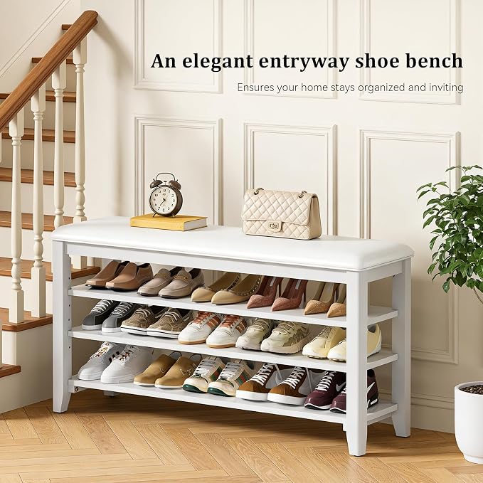 Shoe Rack Bench Entryway Storage with Leather Cushion, Shoe Organizer Bench for Entryway, Ideal for Front Doors Entrances Hallway Mudroom Featuring Rubberwood And 3 Height-Adjustable Removable Shelve - Image 7